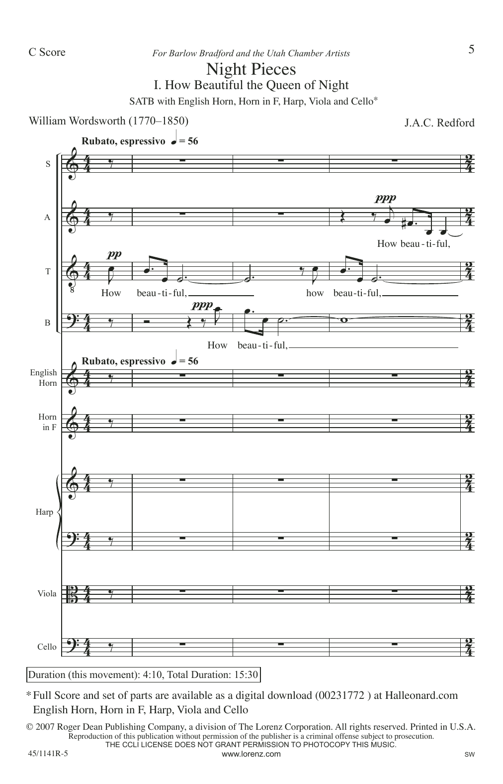 J.A.C. Redford Night Pieces Sheet Music Notes & Chords for SATB - Download or Print PDF