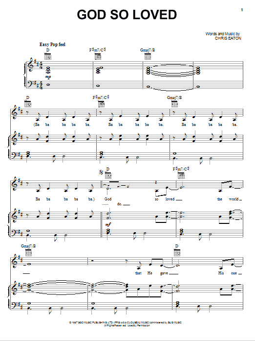 Preview Jaci Velasquez God So Loved Pop sheet music, notes and chords for Piano, Vocal & Guitar (Right-Hand Melody), SKU: 75023 God So Loved sheet music