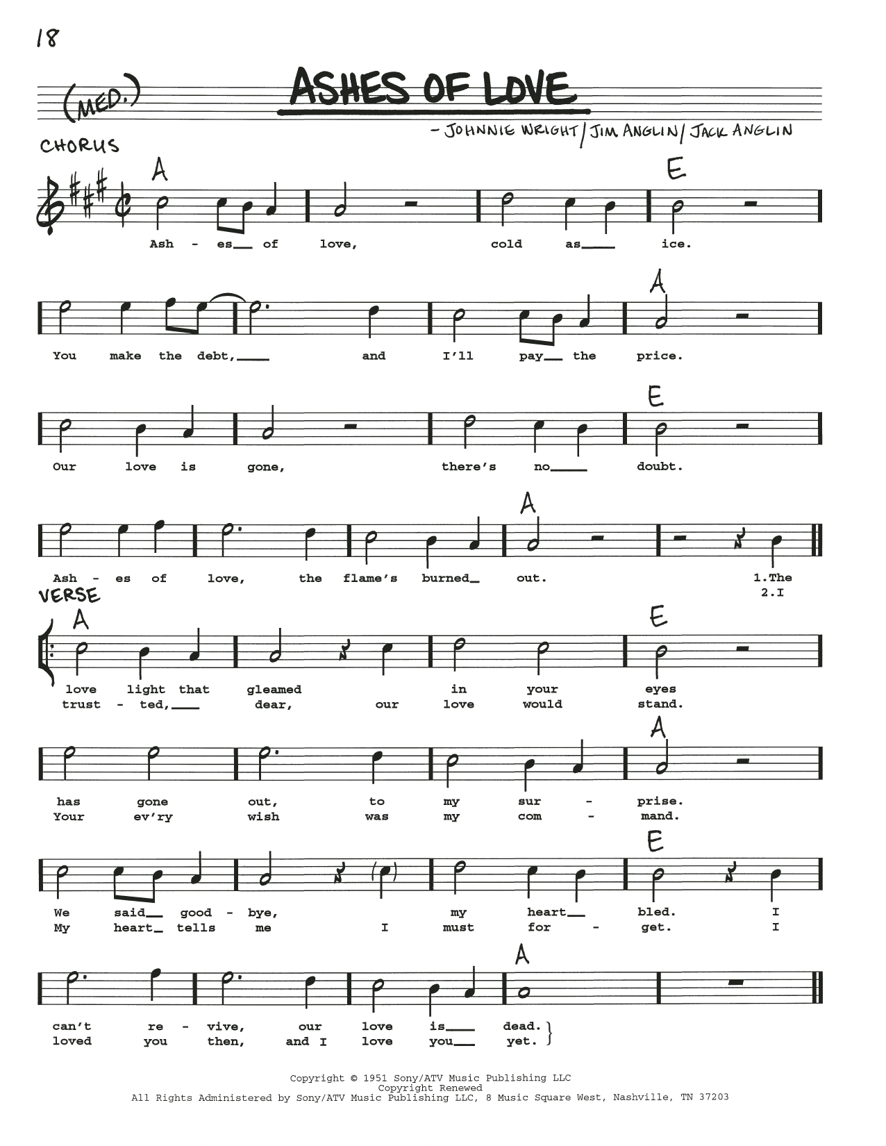 Jack Anglin Ashes Of Love Sheet Music Notes & Chords for Real Book – Melody, Lyrics & Chords - Download or Print PDF