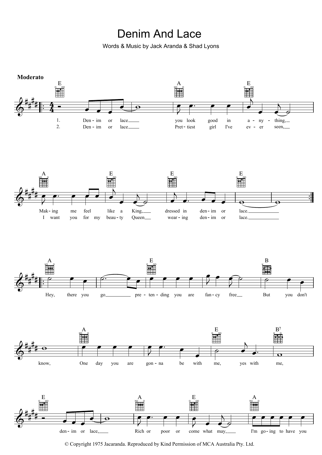 Jack Aranda Denim And Lace Sheet Music Notes & Chords for Melody Line, Lyrics & Chords - Download or Print PDF