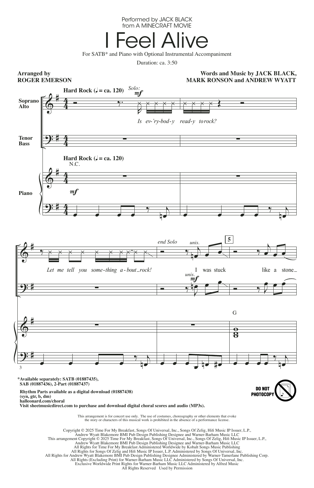 Jack Black I Feel Alive (from A Minecraft Movie) (arr. Roger Emerson) Sheet Music Notes & Chords for 2-Part Choir - Download or Print PDF