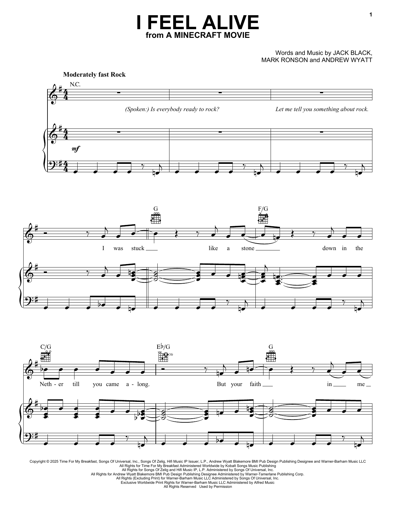 Jack Black I Feel Alive (from A Minecraft Movie) Sheet Music Notes & Chords for Piano, Vocal & Guitar Chords (Right-Hand Melody) - Download or Print PDF