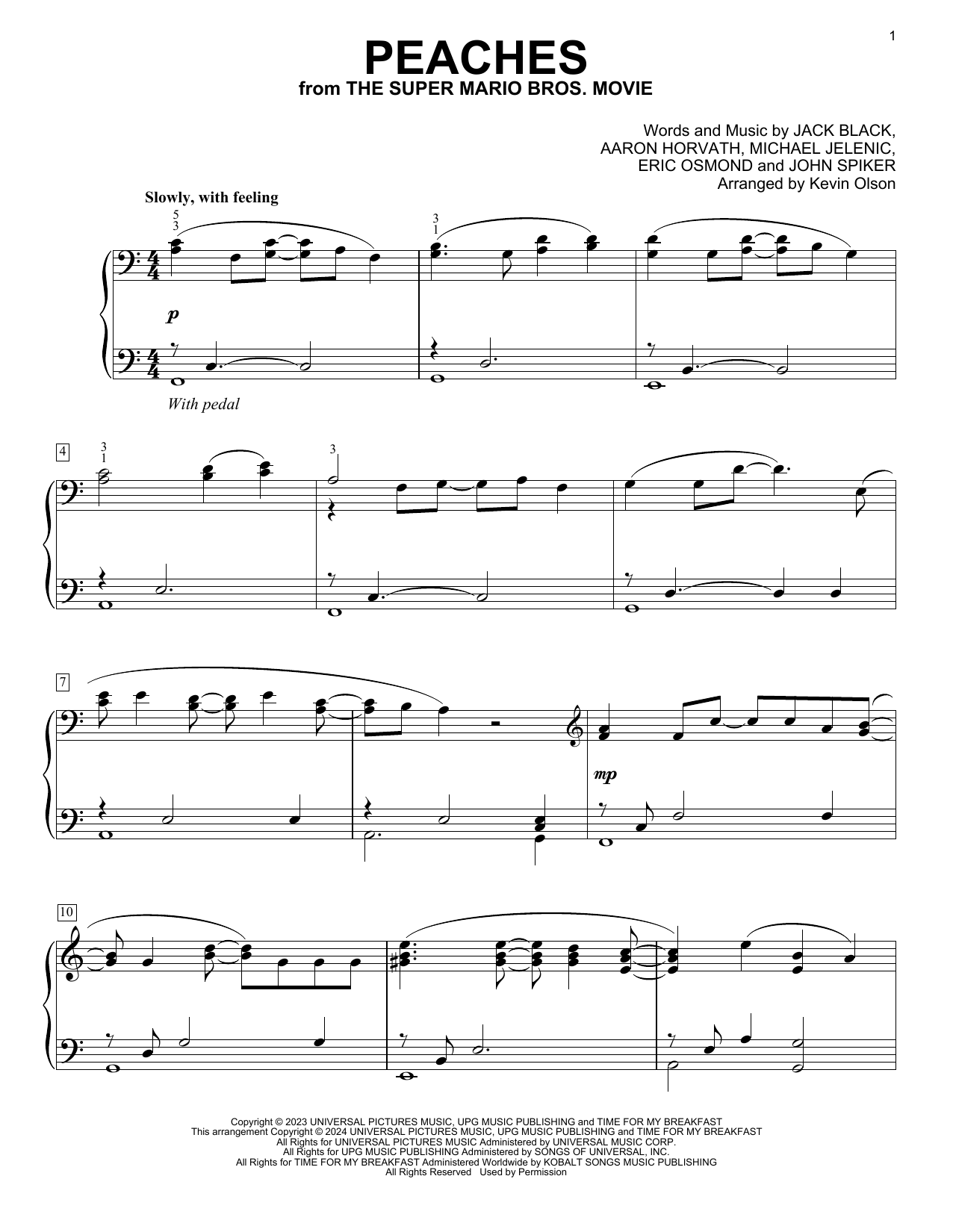 Jack Black Peaches (from The Super Mario Bros. Movie) (arr. Kevin Olson) Sheet Music Notes & Chords for Easy Piano Solo - Download or Print PDF