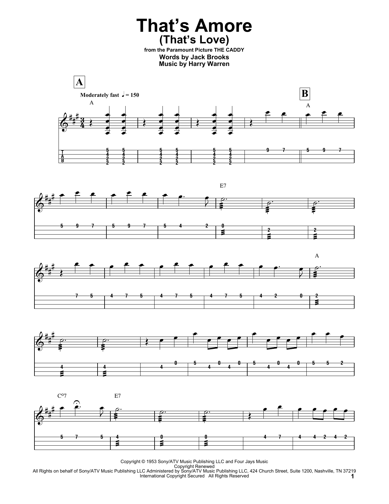 Jack Brooks That's Amore (That's Love) Sheet Music Notes & Chords for Mandolin Tab - Download or Print PDF