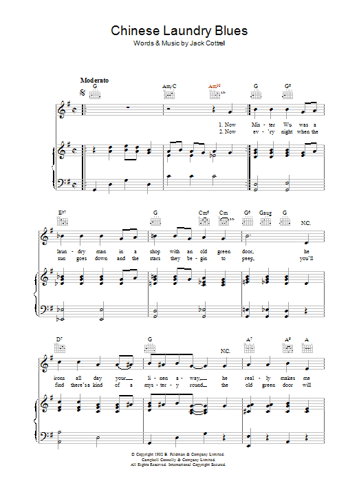 Jack Cottrell Chinese Laundry Blues Sheet Music Notes & Chords for Piano, Vocal & Guitar (Right-Hand Melody) - Download or Print PDF