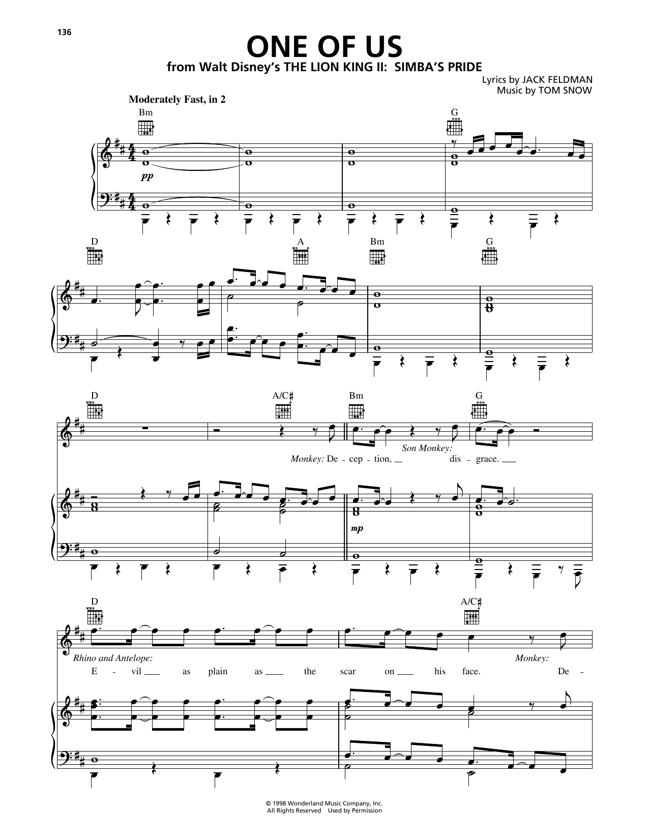 Jack Feldman One Of Us (from The Lion King II: Simba's Pride) Sheet Music Notes & Chords for Piano, Vocal & Guitar Chords (Right-Hand Melody) - Download or Print PDF