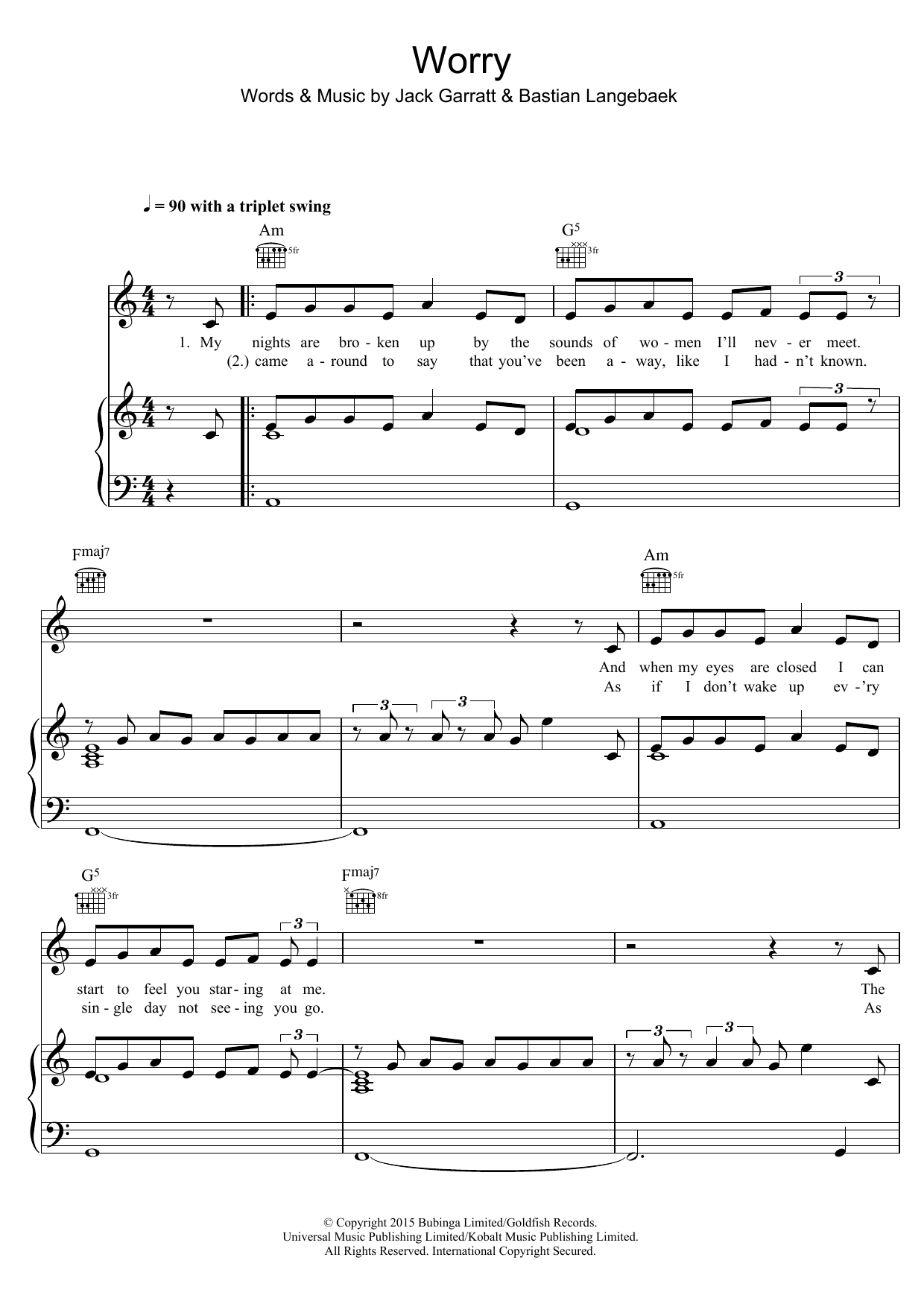 Jack Garratt Worry Sheet Music Notes & Chords for Piano, Vocal & Guitar (Right-Hand Melody) - Download or Print PDF