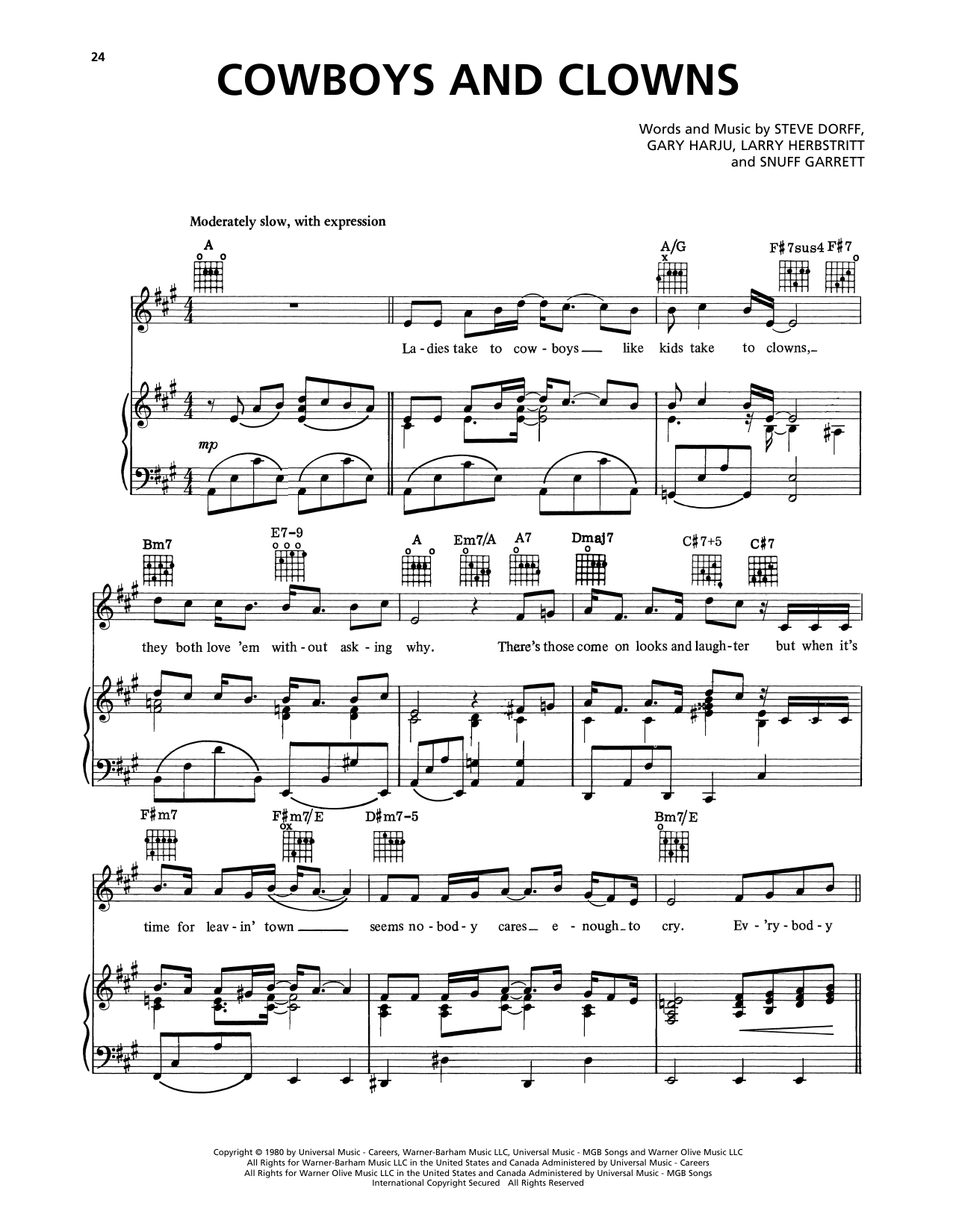 Jack Greene Cowboys And Clowns Sheet Music Notes & Chords for Piano, Vocal & Guitar Chords (Right-Hand Melody) - Download or Print PDF