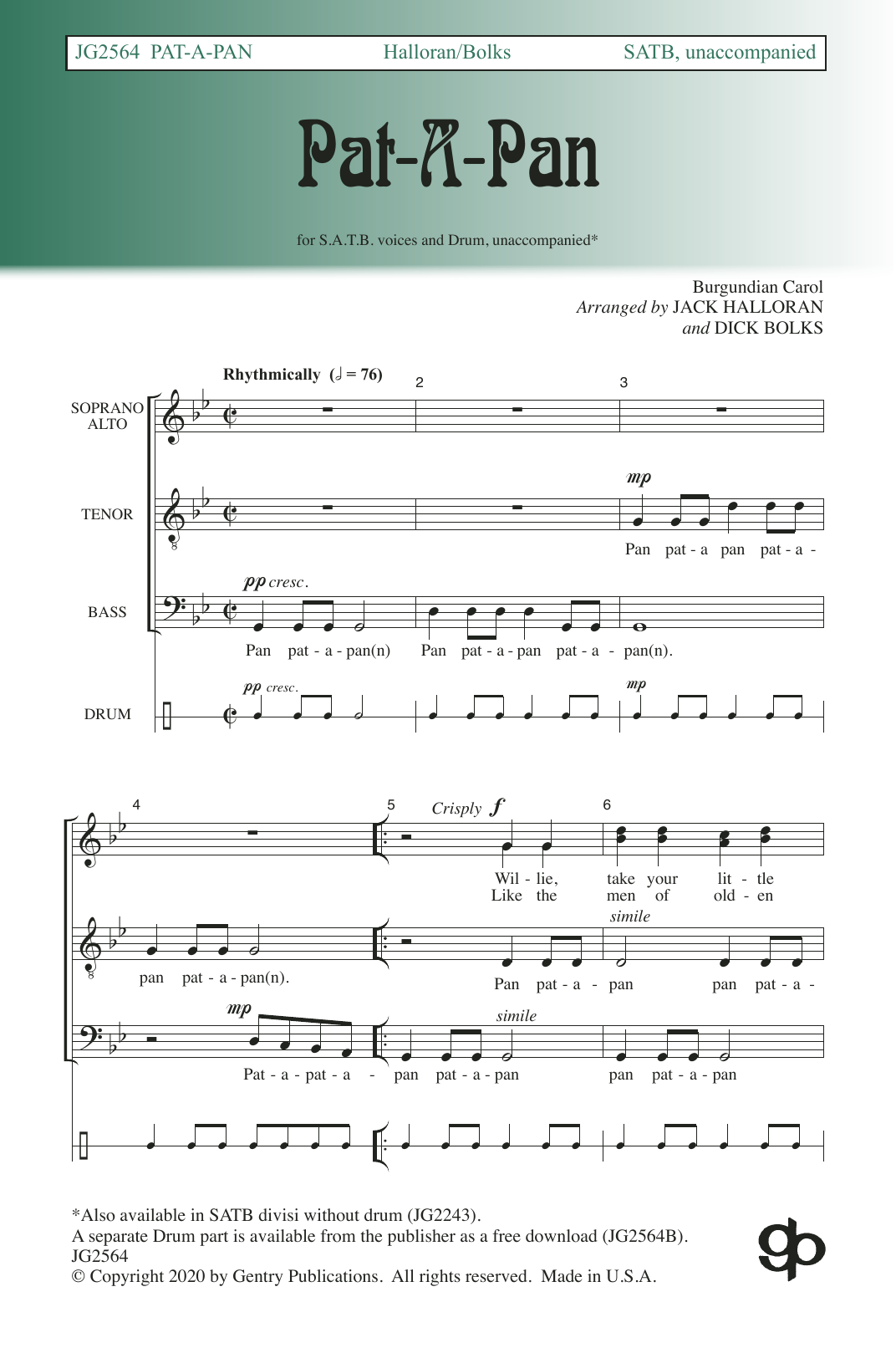 Jack Halloran & Dick Bolks Pat-a-Pan Sheet Music Notes & Chords for SATB Choir - Download or Print PDF