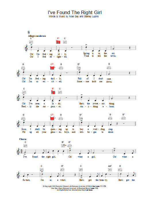 Jack Jackson I've Found The Right Girl Sheet Music Notes & Chords for Melody Line, Lyrics & Chords - Download or Print PDF
