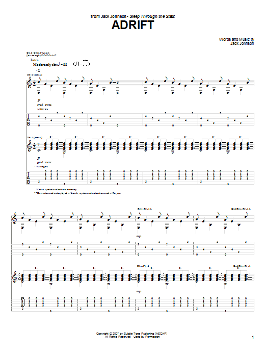Jack Johnson Adrift Sheet Music Notes & Chords for Guitar Tab - Download or Print PDF