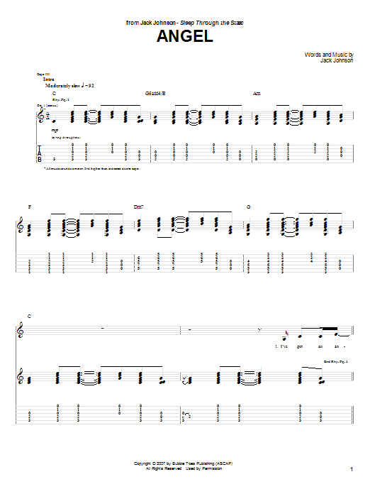 Jack Johnson Angel Sheet Music Notes & Chords for Easy Guitar Tab - Download or Print PDF