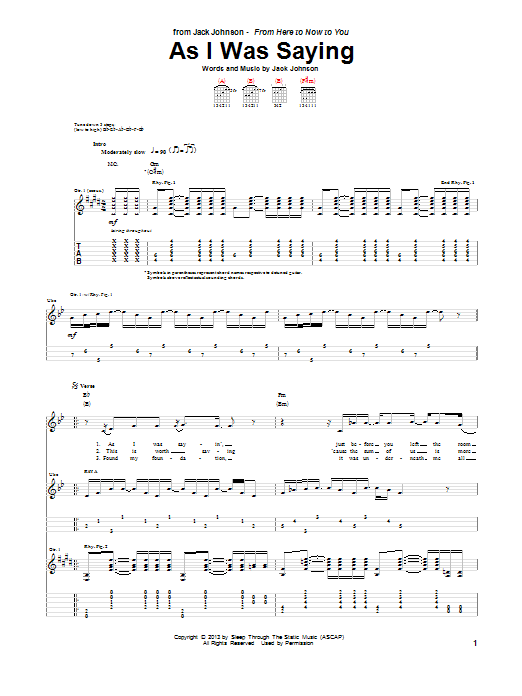 Jack Johnson As I Was Saying Sheet Music Notes & Chords for Guitar Tab - Download or Print PDF