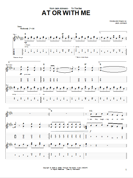 Jack Johnson At Or With Me Sheet Music Notes & Chords for Guitar Tab - Download or Print PDF