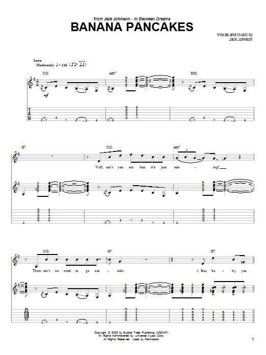 Jack Johnson Banana Pancakes Sheet Music Notes & Chords for Lyrics & Chords - Download or Print PDF