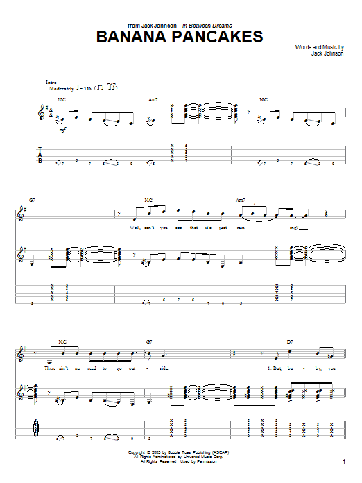 Jack Johnson Banana Pancakes Sheet Music Notes & Chords for Easy Guitar Tab - Download or Print PDF