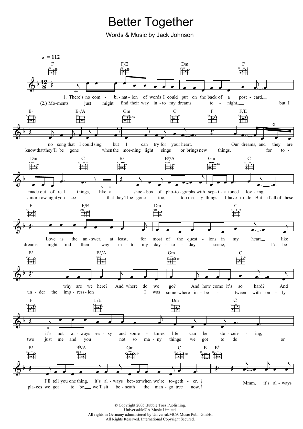 Jack Johnson Better Together Sheet Music Notes & Chords for Melody Line, Lyrics & Chords - Download or Print PDF