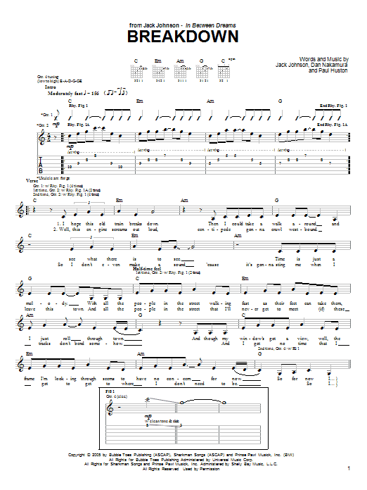 Jack Johnson Breakdown Sheet Music Notes & Chords for Piano, Vocal & Guitar (Right-Hand Melody) - Download or Print PDF