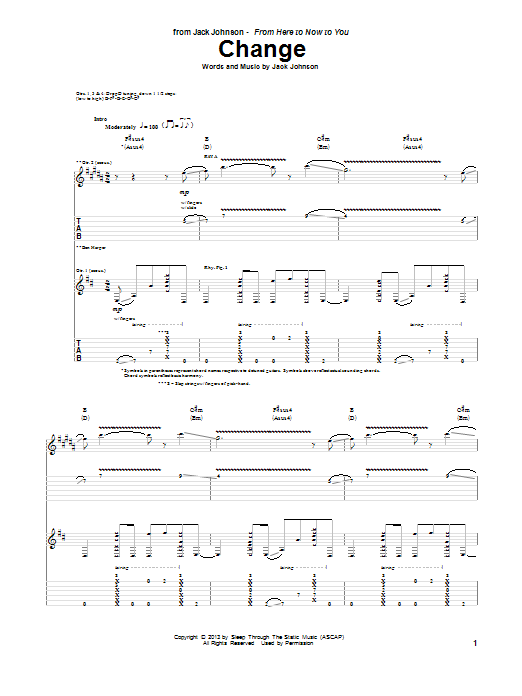 Jack Johnson Change Sheet Music Notes & Chords for Guitar Tab - Download or Print PDF