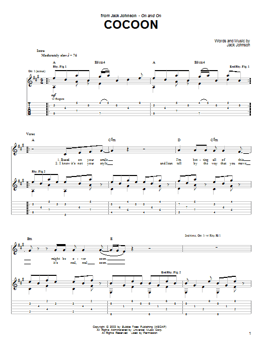 Jack Johnson Cocoon Sheet Music Notes & Chords for Guitar Tab - Download or Print PDF