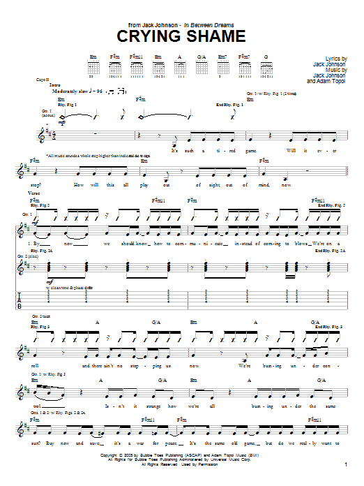 Jack Johnson Crying Shame Sheet Music Notes & Chords for Ukulele with strumming patterns - Download or Print PDF
