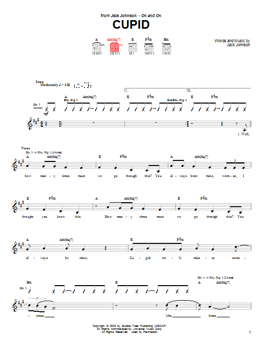 Jack Johnson Cupid Sheet Music Notes & Chords for Guitar Tab - Download or Print PDF