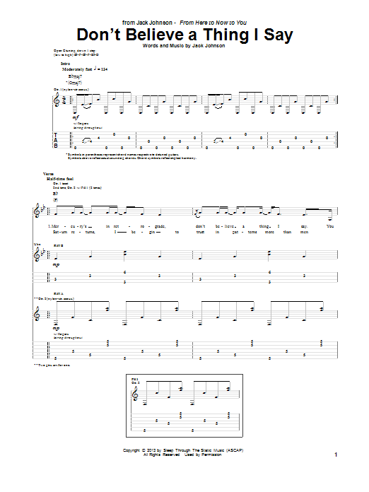 Jack Johnson Don't Believe A Thing I Say Sheet Music Notes & Chords for Guitar Tab - Download or Print PDF Jack Johnson Don't Believe A Thing I Say Sheet Music Notes & Chords for Guitar Tab - Download or Print PDF