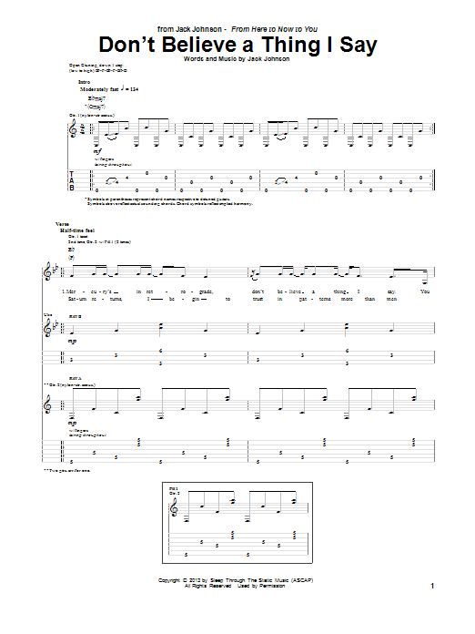 Jack Johnson Don't Believe A Thing I Say Sheet Music Notes & Chords for Guitar Tab - Download or Print PDF