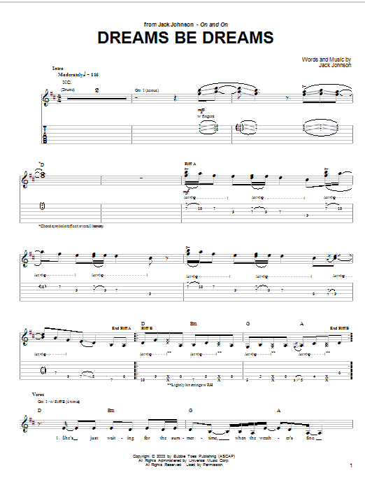 Jack Johnson Dreams Be Dreams Sheet Music Notes & Chords for Guitar Tab - Download or Print PDF