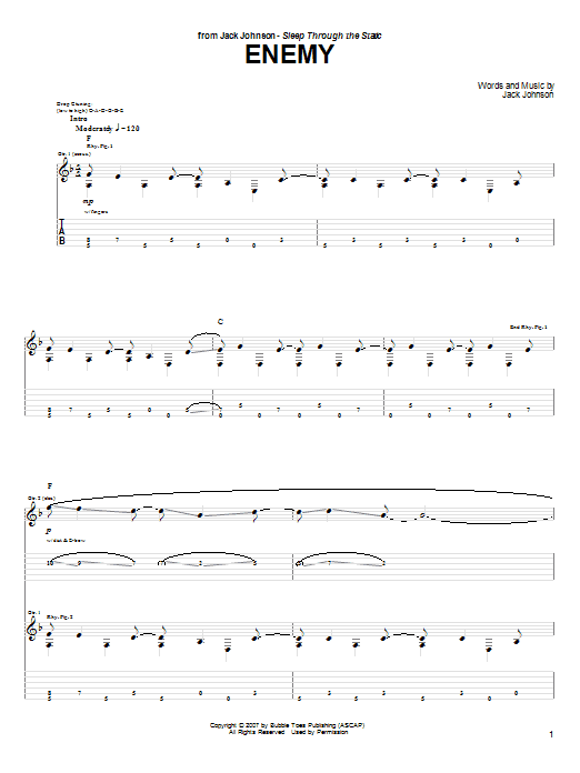 Jack Johnson Enemy Sheet Music Notes & Chords for Piano, Vocal & Guitar (Right-Hand Melody) - Download or Print PDF