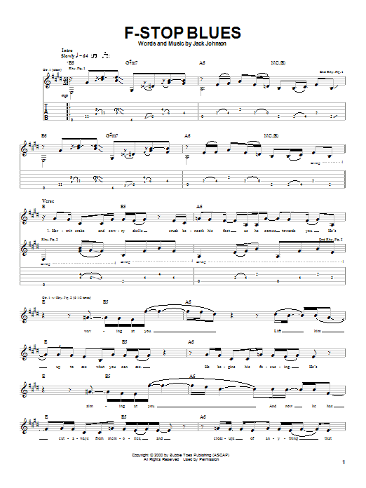 Jack Johnson F-Stop Blues Sheet Music Notes & Chords for Lyrics & Chords - Download or Print PDF