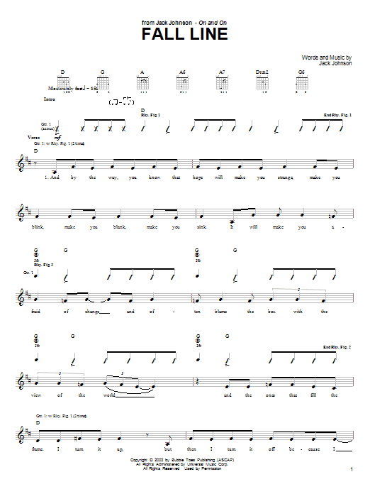 Jack Johnson Fall Line Sheet Music Notes & Chords for Ukulele with strumming patterns - Download or Print PDF