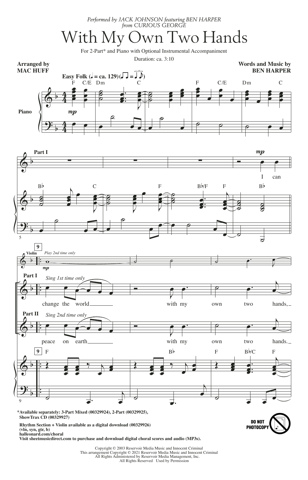 Ben Harper With My Own Two Hands (from Curious George) (arr. Mac Huff) Sheet Music Notes & Chords for 2-Part Choir - Download or Print PDF