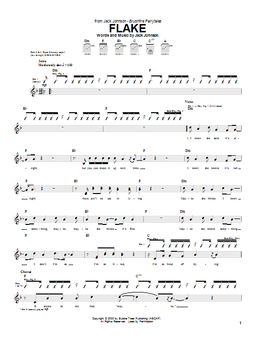 Jack Johnson Flake Sheet Music Notes & Chords for Easy Guitar Tab - Download or Print PDF