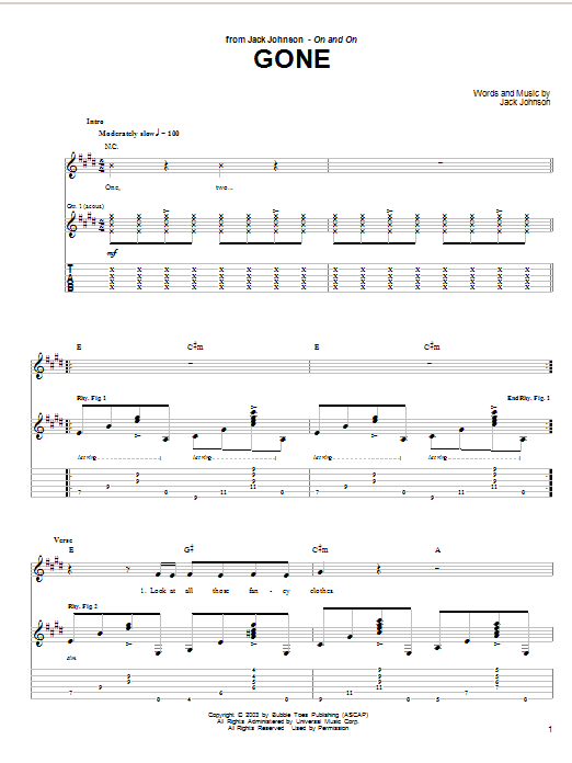Jack Johnson Gone Sheet Music Notes & Chords for Guitar Tab - Download or Print PDF