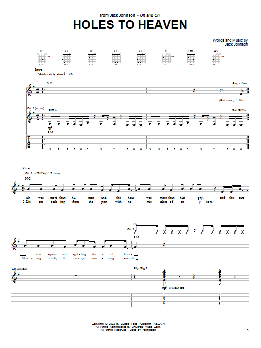 Jack Johnson Holes To Heaven Sheet Music Notes & Chords for Piano, Vocal & Guitar (Right-Hand Melody) - Download or Print PDF