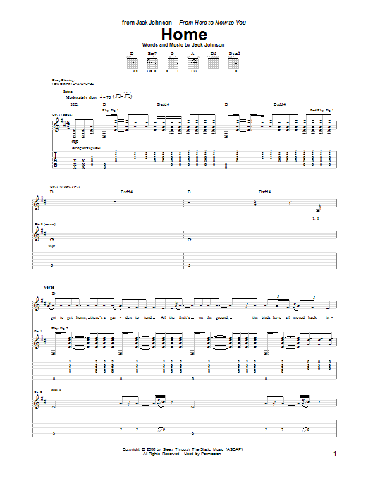 Jack Johnson Home Sheet Music Notes & Chords for Guitar Tab - Download or Print PDF
