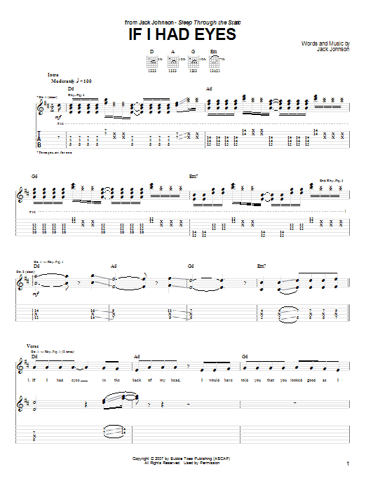 Jack Johnson If I Had Eyes Sheet Music Notes & Chords for Easy Guitar Tab - Download or Print PDF