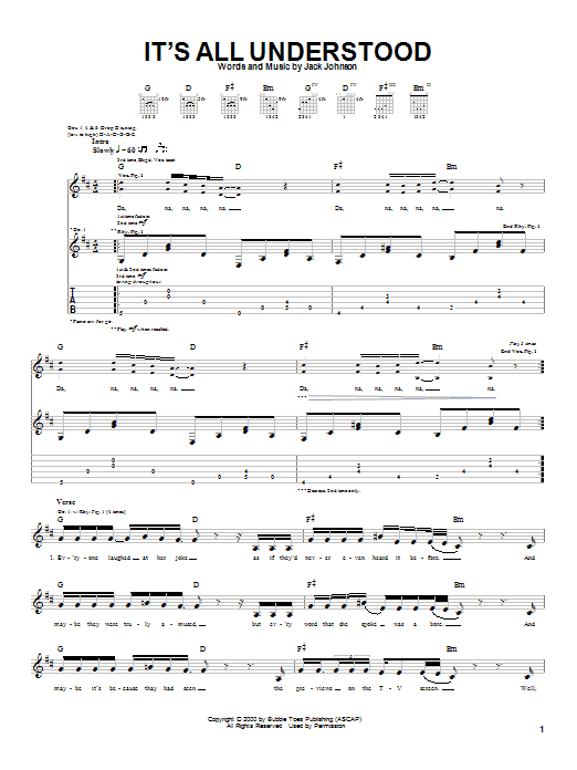 Jack Johnson It's All Understood Sheet Music Notes & Chords for Guitar Tab - Download or Print PDF Jack Johnson It's All Understood Sheet Music Notes & Chords for Guitar Tab - Download or Print PDF