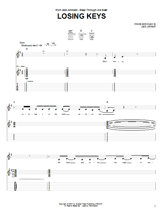 Jack Johnson Losing Keys Sheet Music Notes & Chords for Piano, Vocal & Guitar (Right-Hand Melody) - Download or Print PDF