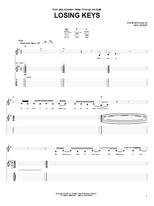 Jack Johnson Losing Keys Sheet Music Notes & Chords for Guitar Tab - Download or Print PDF