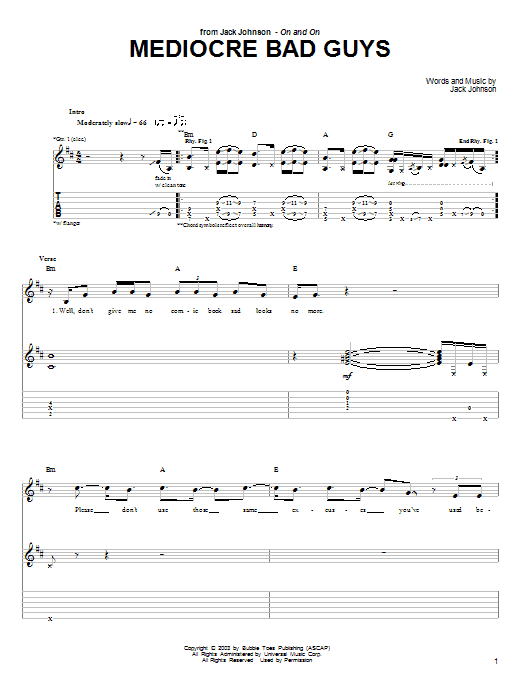 Jack Johnson Mediocre Bad Guys Sheet Music Notes & Chords for Guitar Tab - Download or Print PDF