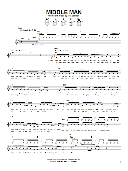 Jack Johnson Middle Man Sheet Music Notes & Chords for Lyrics & Chords - Download or Print PDF