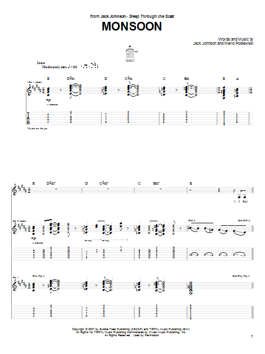 Jack Johnson Monsoon Sheet Music Notes & Chords for Guitar Tab - Download or Print PDF