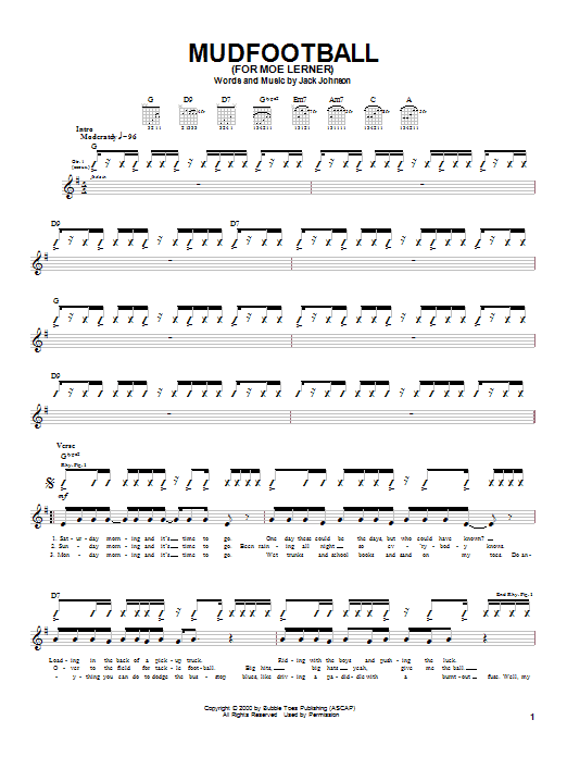 Jack Johnson Mudfootball (For Moe Lerner) Sheet Music Notes & Chords for Guitar Tab - Download or Print PDF