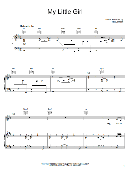 Jack Johnson My Little Girl Sheet Music Notes & Chords for Piano, Vocal & Guitar (Right-Hand Melody) - Download or Print PDF