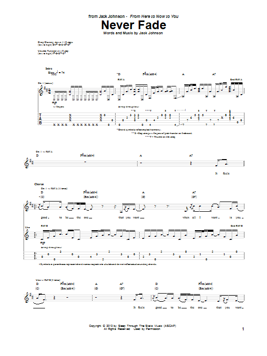 Jack Johnson Never Fade Sheet Music Notes & Chords for Guitar Tab - Download or Print PDF