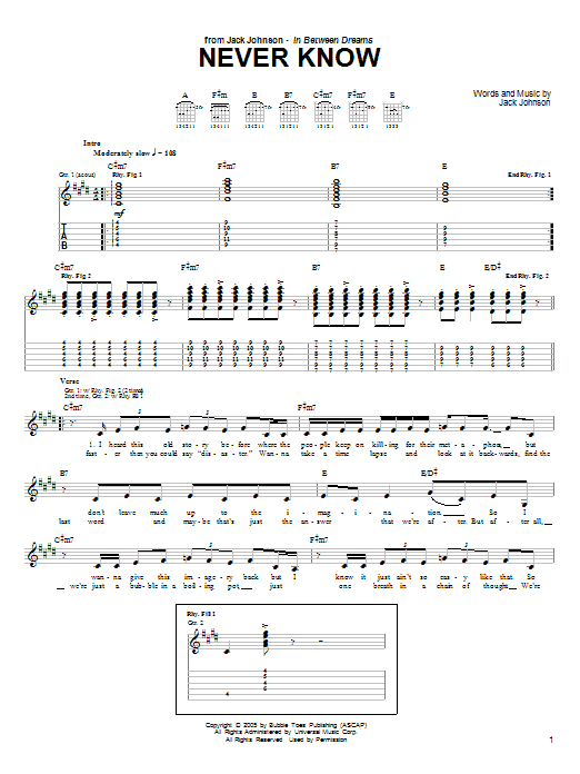 Jack Johnson Never Know Sheet Music Notes & Chords for Guitar Tab - Download or Print PDF