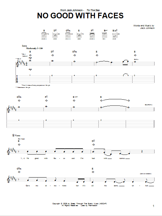 Jack Johnson No Good With Faces Sheet Music Notes & Chords for Guitar Tab - Download or Print PDF