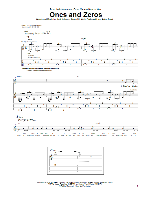 Jack Johnson Ones And Zeros Sheet Music Notes & Chords for Guitar Tab - Download or Print PDF